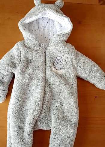 Gri Peluş Bebek Tulumu Kulaklı Kapüşonlu - Görsel 2