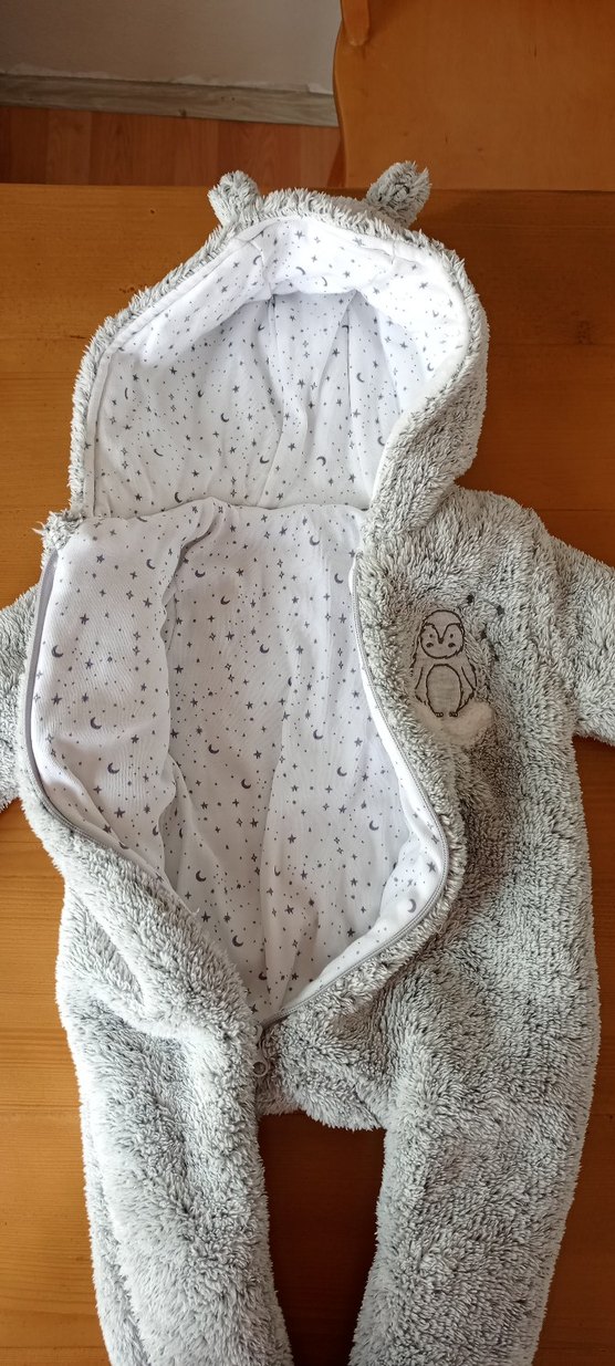 Gri Peluş Bebek Tulumu Kulaklı Kapüşonlu - Görsel 3