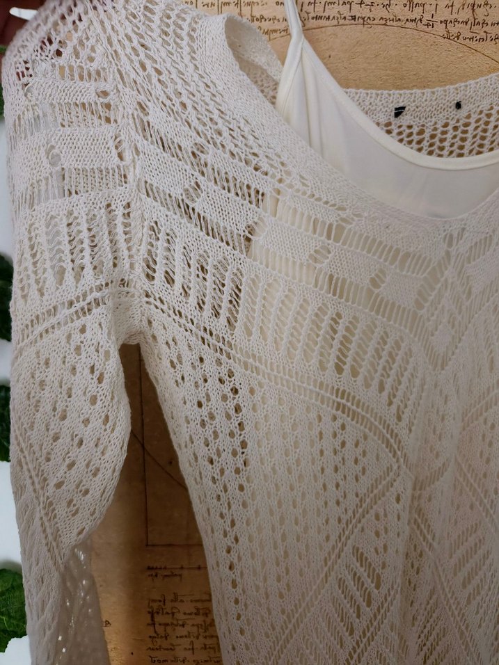 Bej Örgü Bohem Kadın Uzun Kollu Astarlı Elbise - Görsel 3