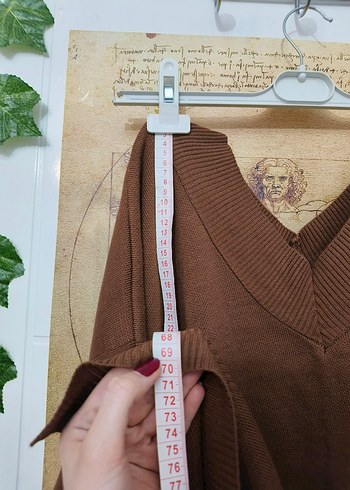 Kahverengi V Yaka Oversize Örgü Kadın Kazak - Görsel 3