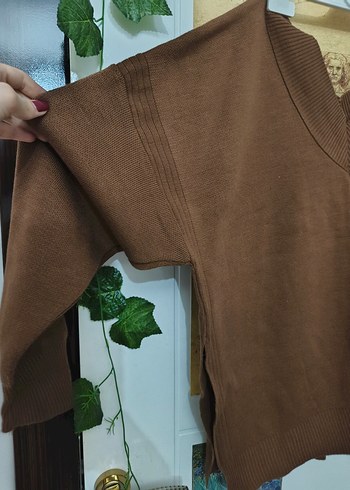 Kahverengi V Yaka Oversize Örgü Kadın Kazak - Görsel 2