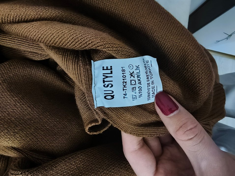 Kahverengi V Yaka Oversize Örgü Kadın Kazak - Görsel 4