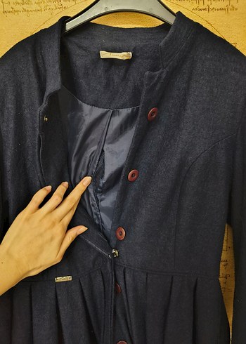 Düğmeli Lacivert Keten Kadın Uzun Kaban - Görsel 3