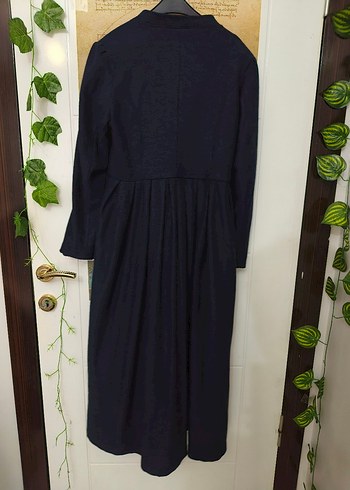 Düğmeli Lacivert Keten Kadın Uzun Kaban - Görsel 2