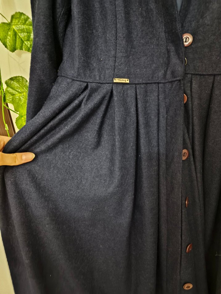 Düğmeli Lacivert Keten Kadın Uzun Kaban - Görsel 4