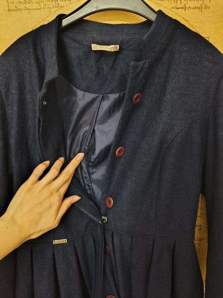 Düğmeli Lacivert Keten Kadın Uzun Kaban - Görsel 3