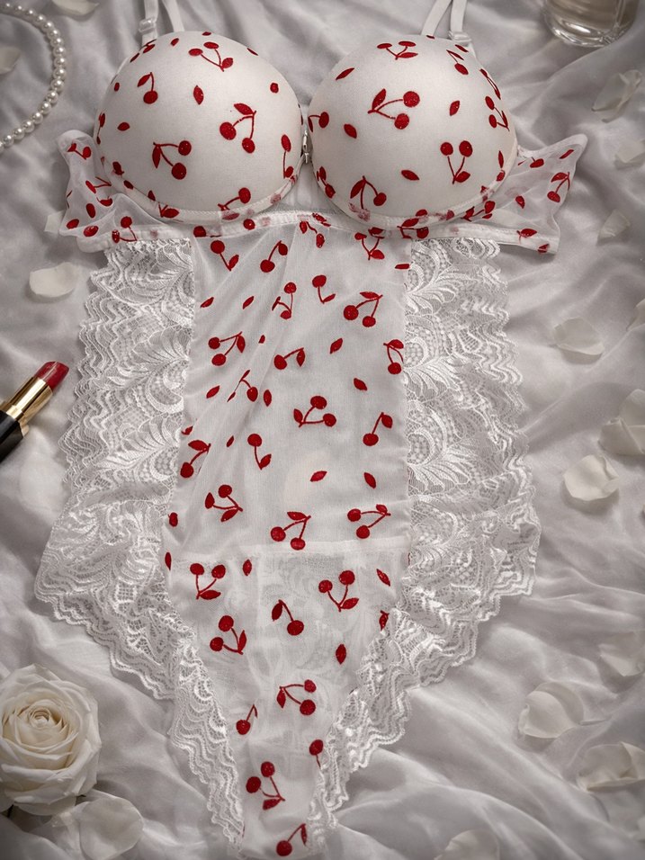 Nakışlı Kiraz Desenli Beyaz Bohem Sütyen - Görsel 2