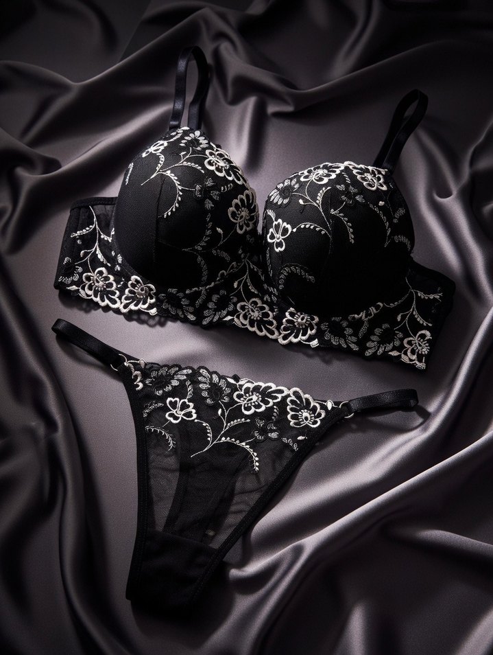 Nakışlı Siyah Gotik Sütyen ve Külot Takımı - Görsel 2