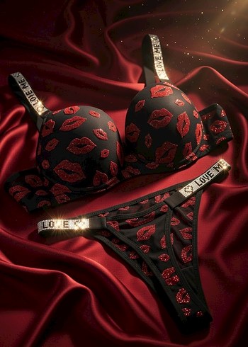 Kırmızı Baskılı Gotik Sütyen ve Tanga Takımı - Görsel 2