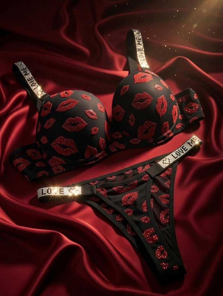 Kırmızı Baskılı Gotik Sütyen ve Tanga Takımı - Görsel 2