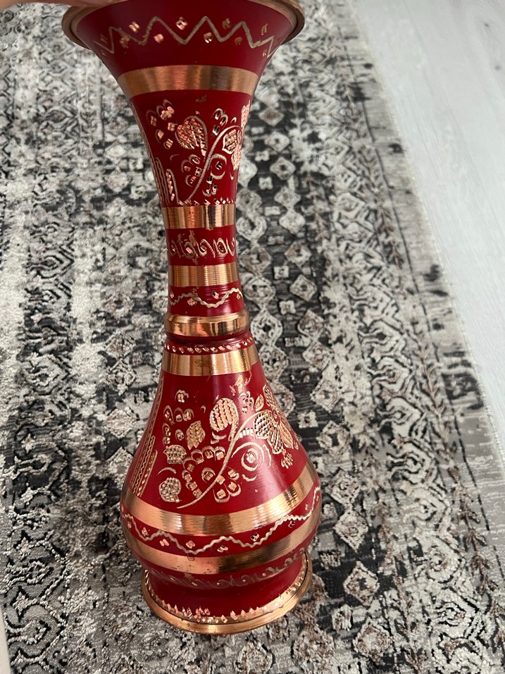 Kırmızı Altın Detaylı Bakır Dekoratif Vazo - Görsel 4