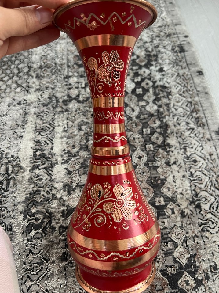 Kırmızı Altın Detaylı Bakır Dekoratif Vazo - Görsel 3