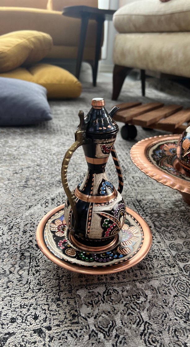 El İşlemeli Bakır Çaydanlık ve Tabak Seti - Görsel 4