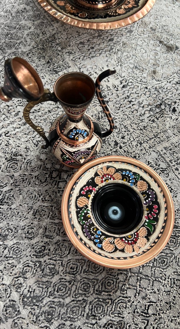 El İşlemeli Bakır Çaydanlık ve Tabak Seti - Görsel 3
