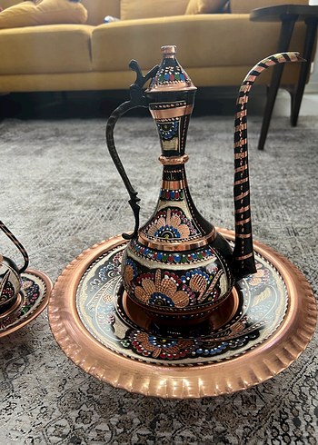 Renkli İşlemeli Koyu Bakır Demlik - Görsel 5