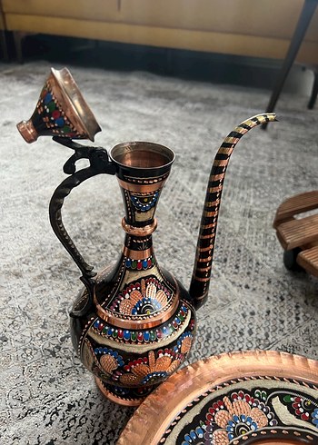 Renkli İşlemeli Koyu Bakır Demlik - Görsel 4