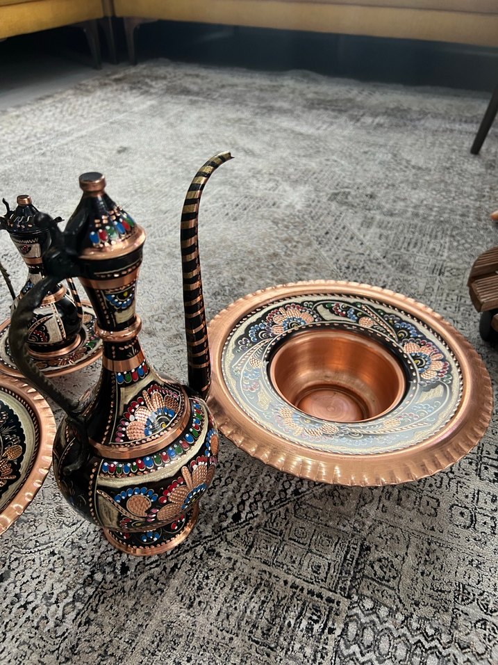 Renkli İşlemeli Koyu Bakır Demlik - Görsel 3