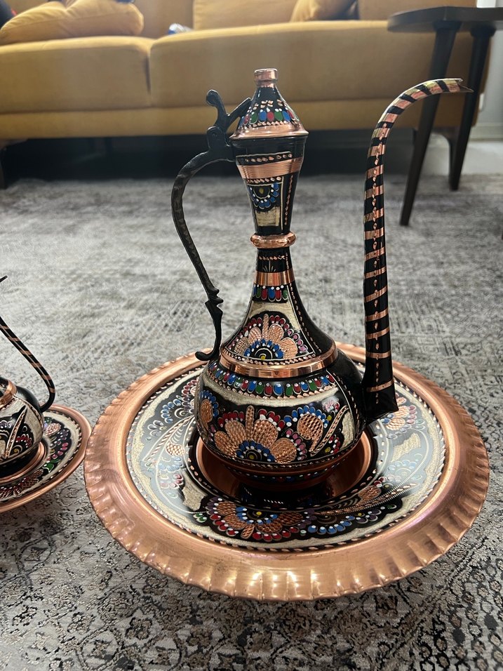 Renkli İşlemeli Koyu Bakır Demlik - Görsel 5