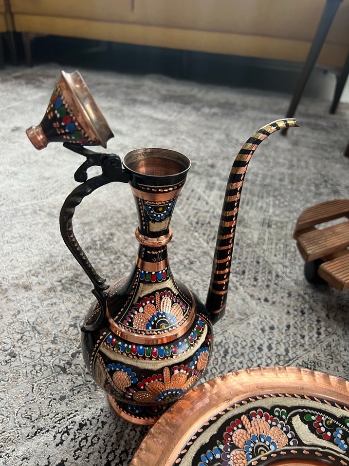 Renkli İşlemeli Koyu Bakır Demlik - Görsel 4