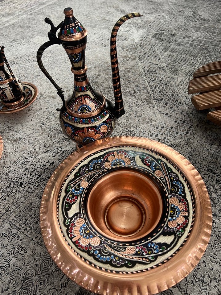 Renkli İşlemeli Koyu Bakır Demlik - Görsel 2