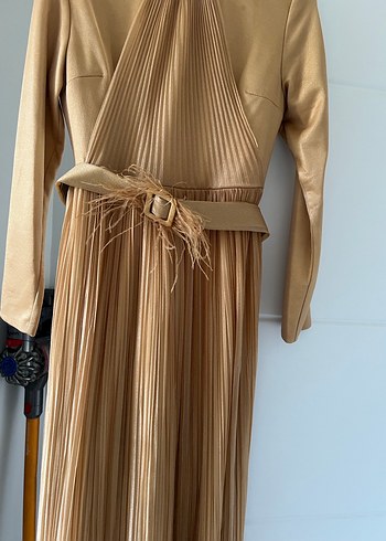 Altın sarısı Pilili Uzun Kollu Bohem Elbise abiye - Görsel 3