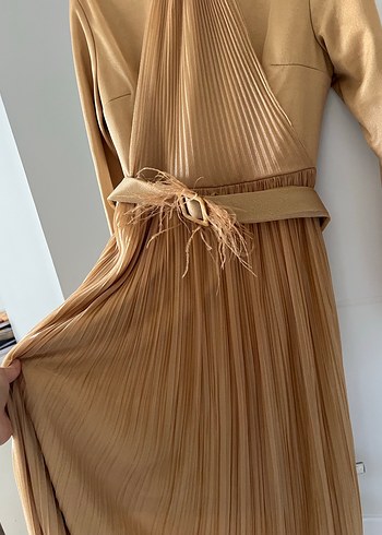 Altın sarısı Pilili Uzun Kollu Bohem Elbise abiye - Görsel 9