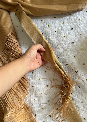 Altın sarısı Pilili Uzun Kollu Bohem Elbise abiye - Görsel 8