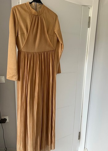 Altın sarısı Pilili Uzun Kollu Bohem Elbise abiye - Görsel 6