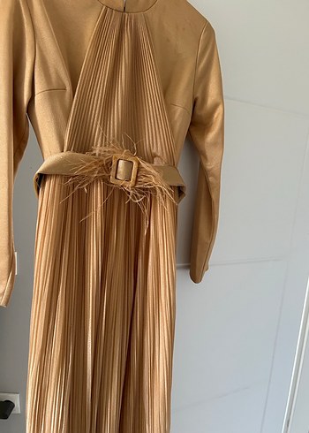 Altın sarısı Pilili Uzun Kollu Bohem Elbise abiye - Görsel 5