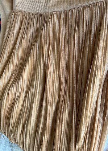 Altın sarısı Pilili Uzun Kollu Bohem Elbise abiye - Görsel 2