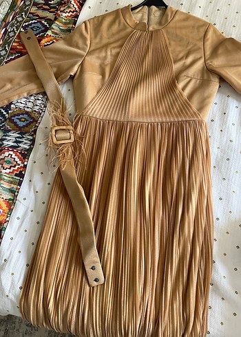 Altın sarısı Pilili Uzun Kollu Bohem Elbise abiye - Görsel 7