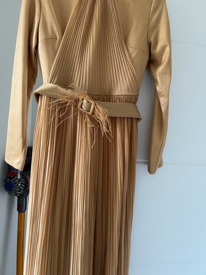 Altın sarısı Pilili Uzun Kollu Bohem Elbise abiye - Görsel 3