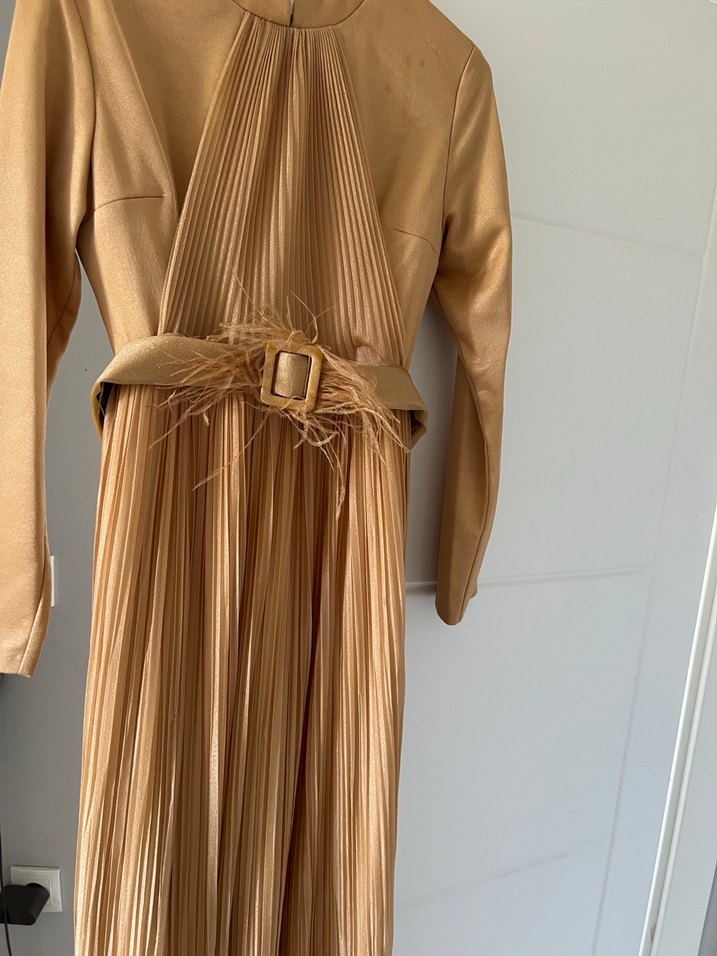 Altın sarısı Pilili Uzun Kollu Bohem Elbise abiye - Görsel 5