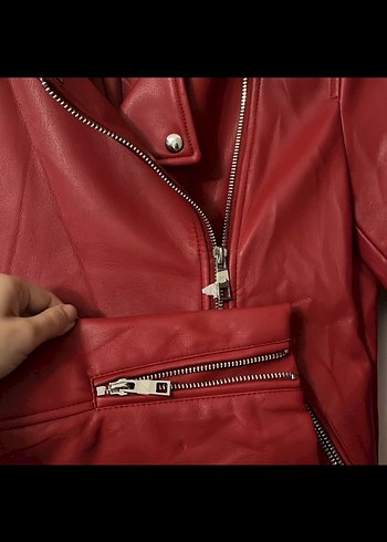 Mango Kırmızı Deri Biker Ceket 34 beden - Görsel 6