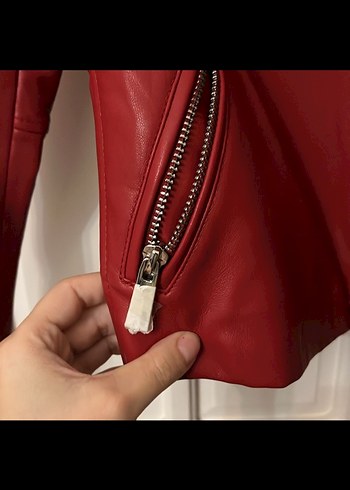 Mango Kırmızı Deri Biker Ceket 34 beden - Görsel 7