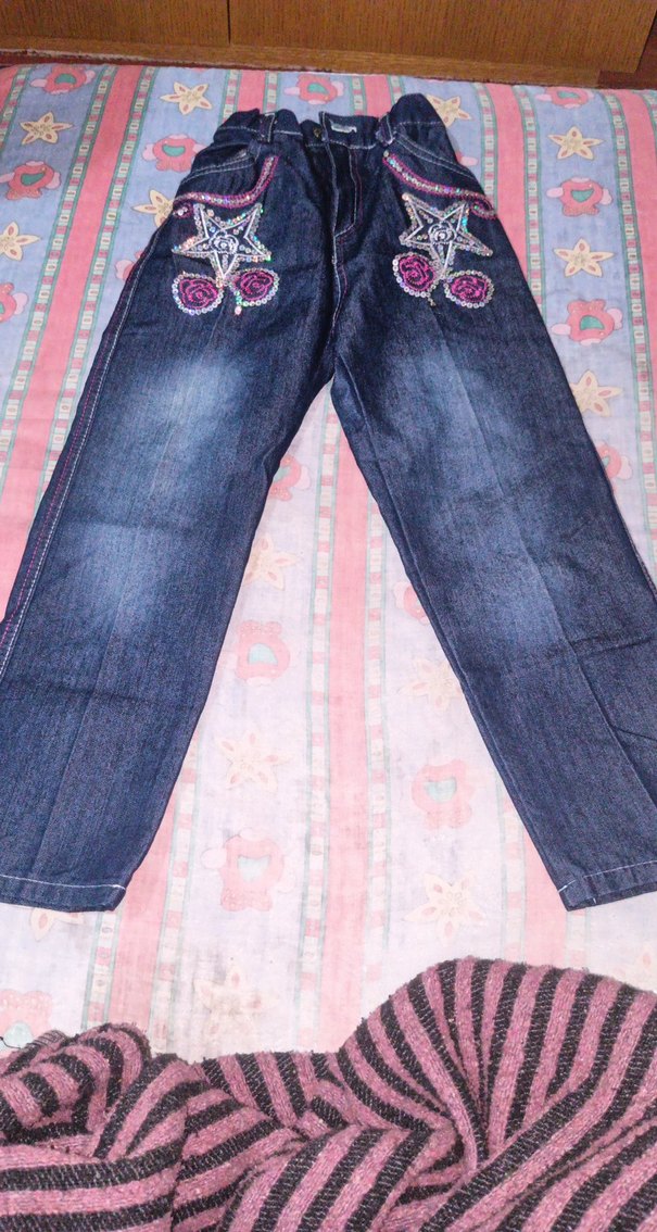 Kız Çocuk Çok Renkli Nakışlı Kot Pantolon - Görsel 3