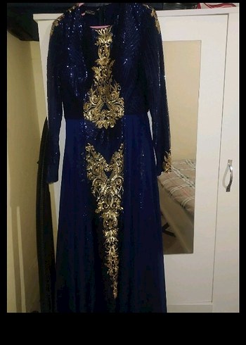 Uzun Kollu İşlemeli Lacivert Abiye Elbise - Görsel 2