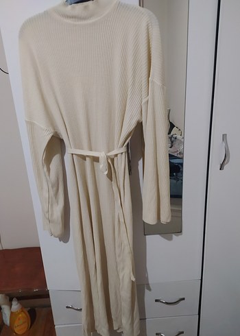 Geniş kollu bel bağlamalı Triko Elbise - Görsel 3