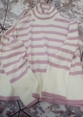 Pembe Çizgili Kadın Triko Kazak - Görsel 2