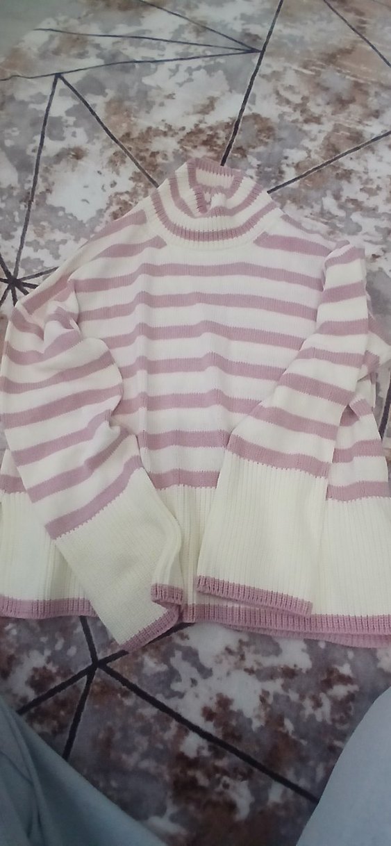 Pembe Çizgili Kadın Triko Kazak - Görsel 2
