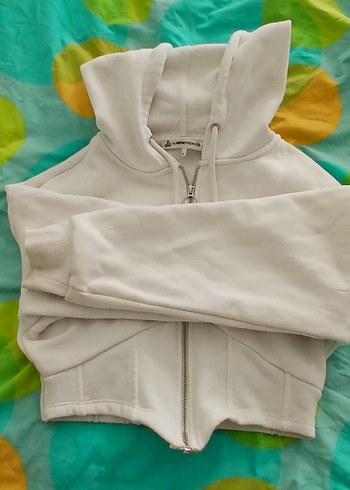 Kadın Beyaz Korse Detay Fermuarlı Kapüşonlu Sweatshirt - Görsel 2