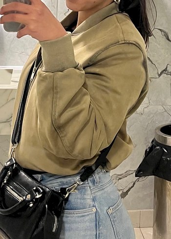 Haki Kadın Süet Fermuarlı Ceket Bomber - Görsel 3