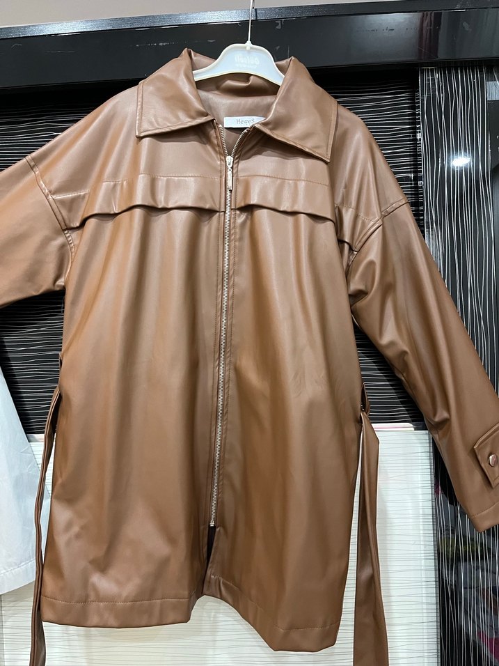 Kahverengi Deri Kemerli Kadın Ceket - Görsel 2