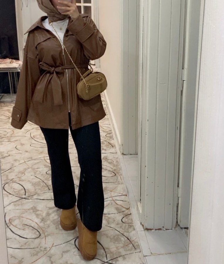 Kahverengi Deri Kemerli Kadın Ceket - Görsel 4