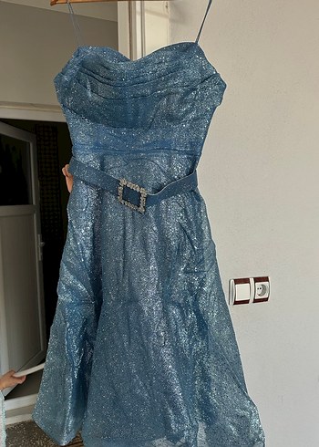 Parlak Mavi Simli Midi Mezuniyet Elbisesi - Görsel 3