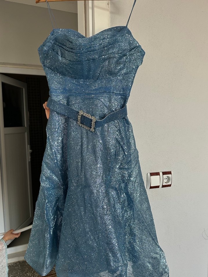 Parlak Mavi Simli Midi Mezuniyet Elbisesi - Görsel 3