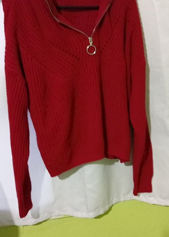 Kırmızı Kadın Triko Kazak Fermuarlı - Görsel 3