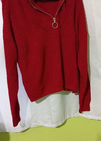 Kırmızı Kadın Triko Kazak Fermuarlı - Görsel 4