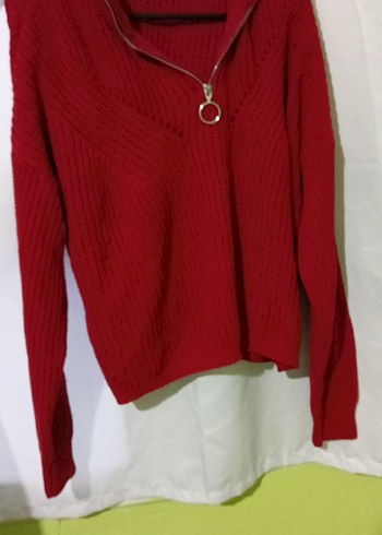 Kırmızı Kadın Triko Kazak Fermuarlı - Görsel 2