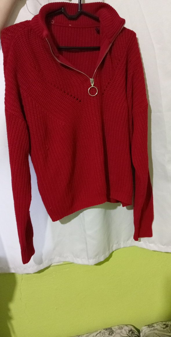 Kırmızı Kadın Triko Kazak Fermuarlı - Görsel 4